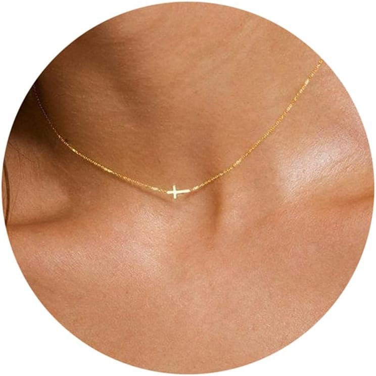Fwlisesa Cross Necklace for Women, Dainty Gold Necklace 14k Gold Plated Cutel Cross Pendant Necklace for Girls Simple Small Gold Cross Necklaces Aesthetic Gold Jewelry for Women Girls