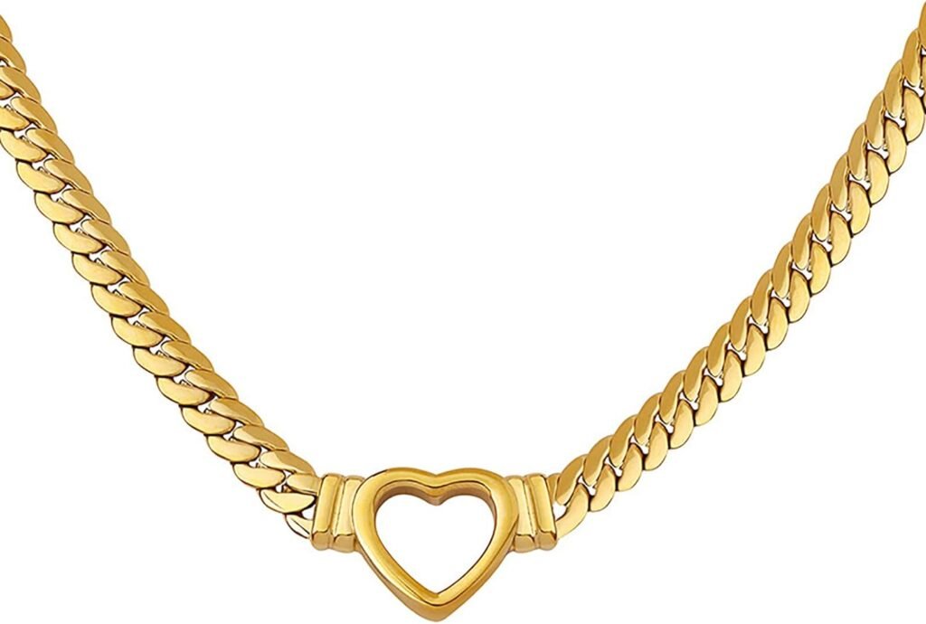 Loqimu Flat Cuban Link Chunky Chain Necklace Gold Stainless Steel Hollow Heart Charms Choker Clavicle Jewelry for Women Teen Girls Loqimu Flat Cuban Link Chunky Chain Necklace Gold Stainless Steel Hollow Heart Charms Choker Clavicle Jewelry for Women Teen Girls