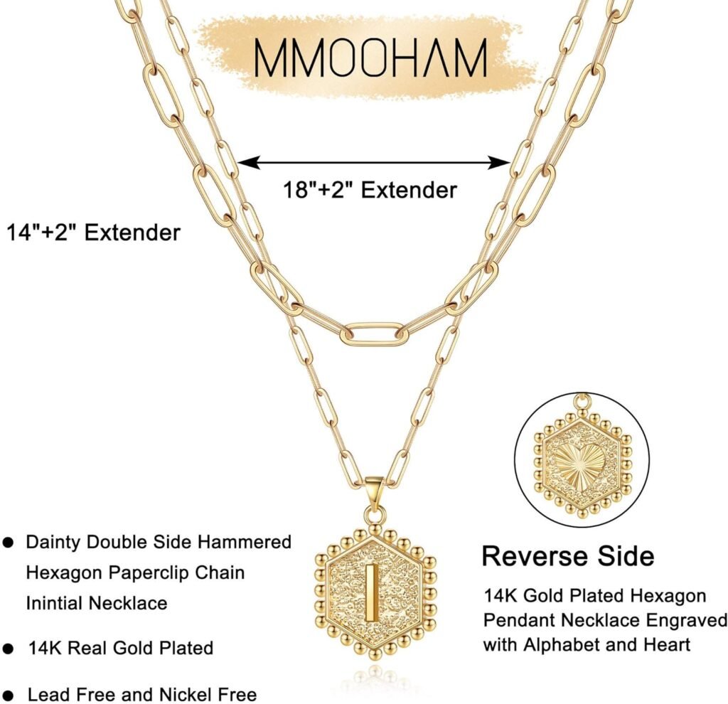 M MOOHAM Dainty Gold Necklace for Women - 14K Solid Gold Over Teen Girl Gifts Cute Hexagon Letter Initial Necklaces for Women Teen Girls Gold Layered Necklaces for Women Jewelry Gifts