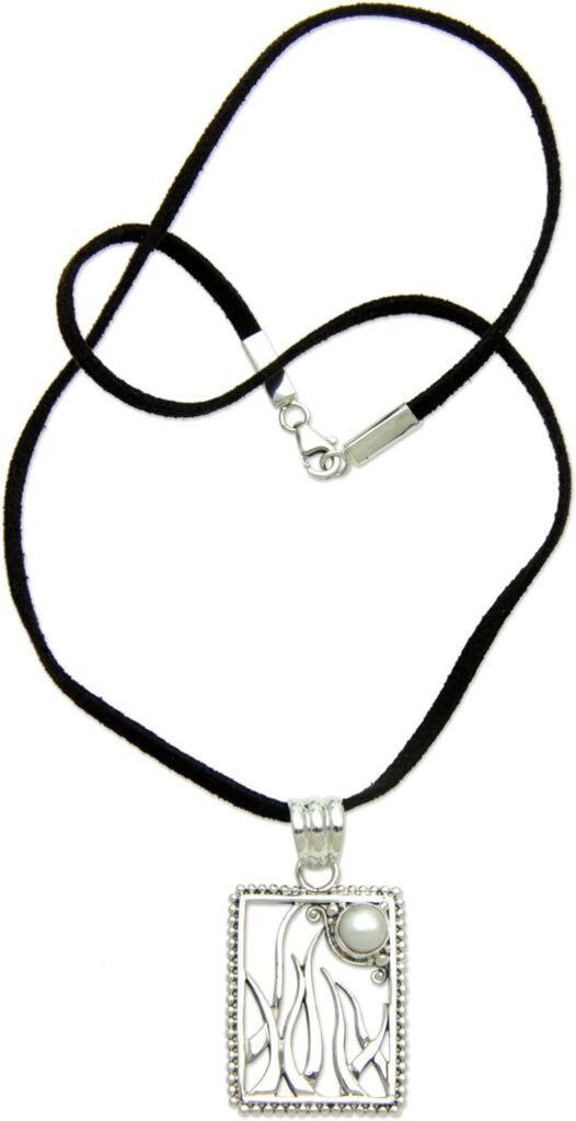 NOVICA Artisan Handmade Cultured Freshwater Pearl Pendant Necklace Artisan Crafted .925 Sterling Silver Jewelry White Cord Indonesia Natures Moon