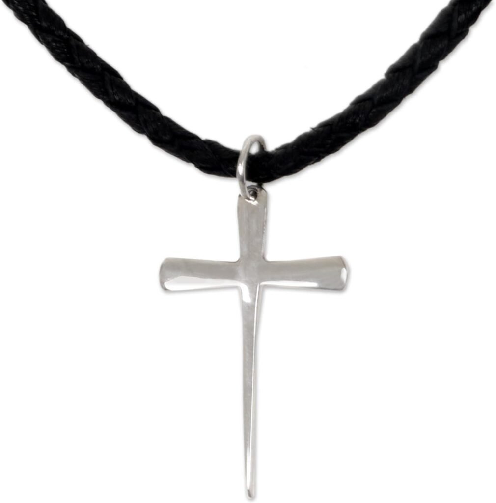 NOVICA Artisan Handmade Mens .925 Sterling Silver Cross Necklace Leather Pendant Cord Indonesia Modern Holy Sacrifice
