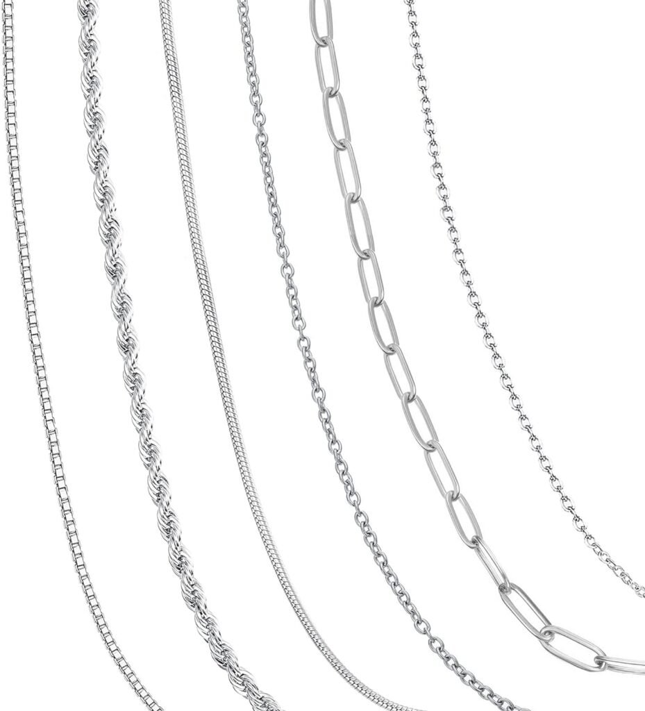 RIOSO 6Pcs Silver Chain Necklaces for Women Men Stainless Steel Simple Thin Chain Necklace Set RIOSO 6Pcs Silver Chain Necklaces for Women Men Stainless Steel Simple Thin Chain Necklace Set