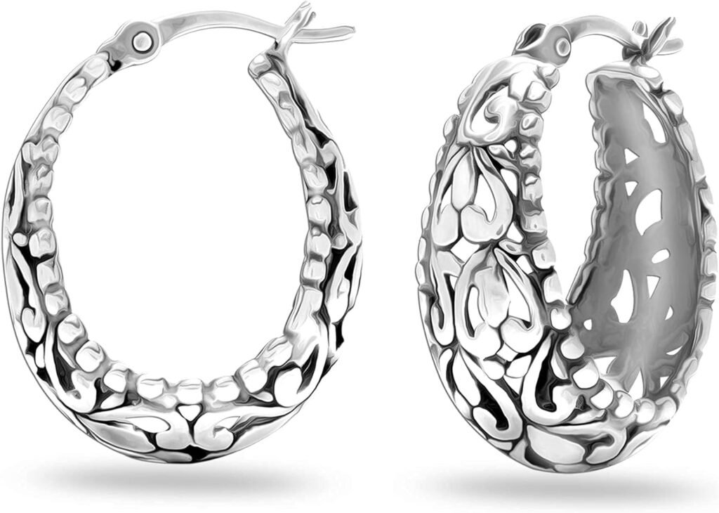 LeCalla 925 Sterling Silver Filigree Hoop Earrings Small Antique Oxidized Click-Top Italian Filigree Hoops Earring for Women