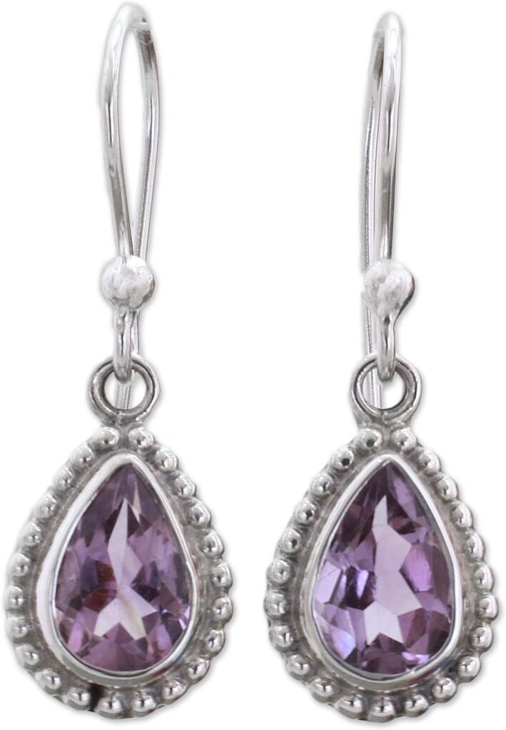 NOVICA Artisan Handmade Amethyst Dangle Earrings .925 Sterling Silver from India Purple Birthstone Radiant Lilac