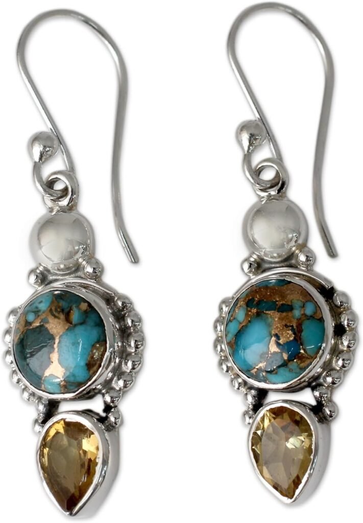 NOVICA Artisan Handmade Citrine Dangle Earrings Crafted .925 Sterling Silver Reconstituted Turquoise Yellow Blue India Birthstone Summer Sunset