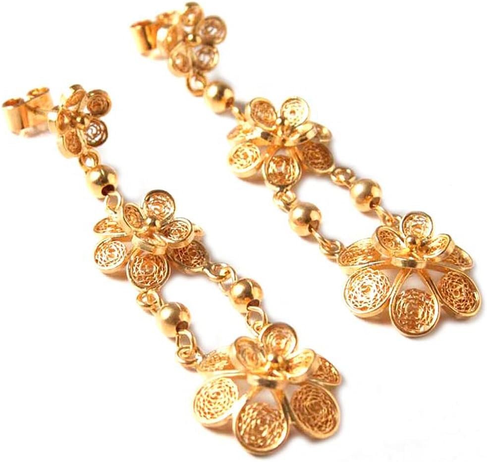 NOVICA Handmade 21k Gold Vermeil Dangle Earrings Floral Filigree .925 Sterling Silver Plated Peru [2.6 in L x 0.7 in W] Garlands