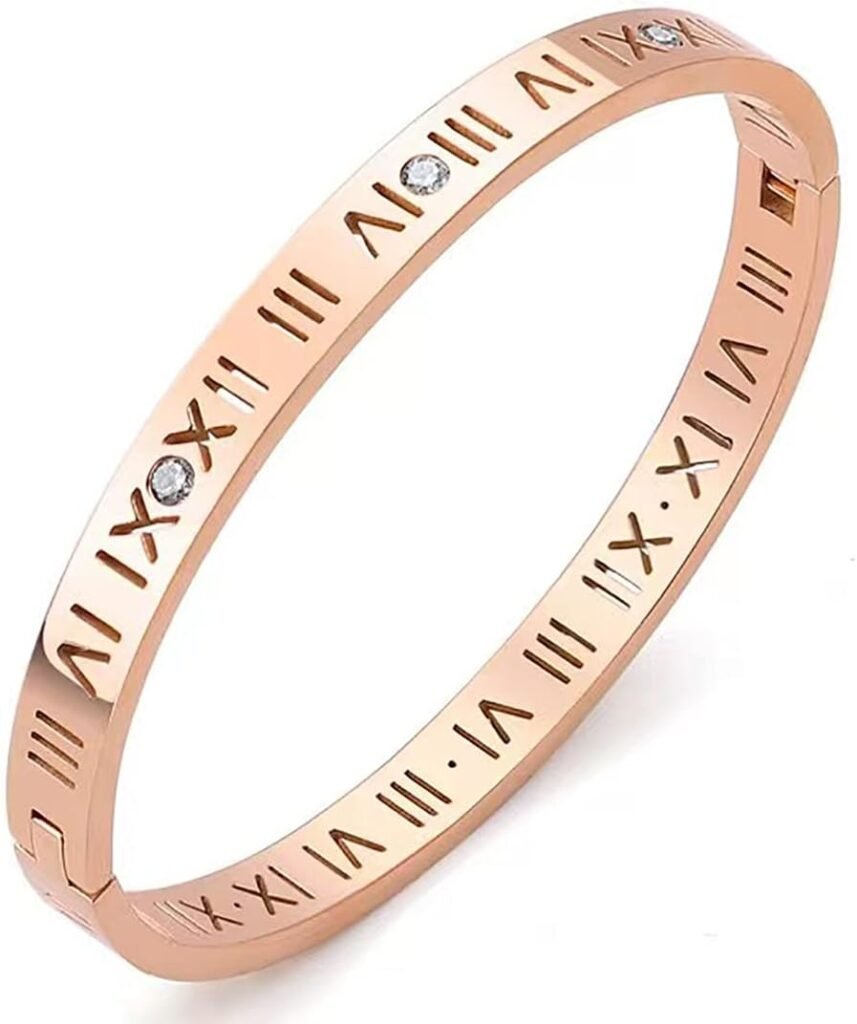 Winnie Elegant Womens Stainless Steel CZ Rhinestone Roman Numerals Bangle Bracelet, Rose Gold, Gold, Silver, 4.5mm Width. diameter 60mm