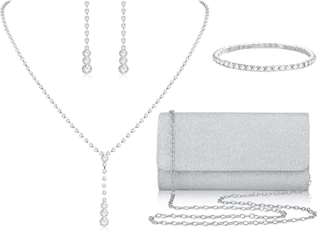 4Pcs Silver Clutch Purse Jewelry Set for Women Rhinestone Crystal Necklace Earrings Bracelets Set