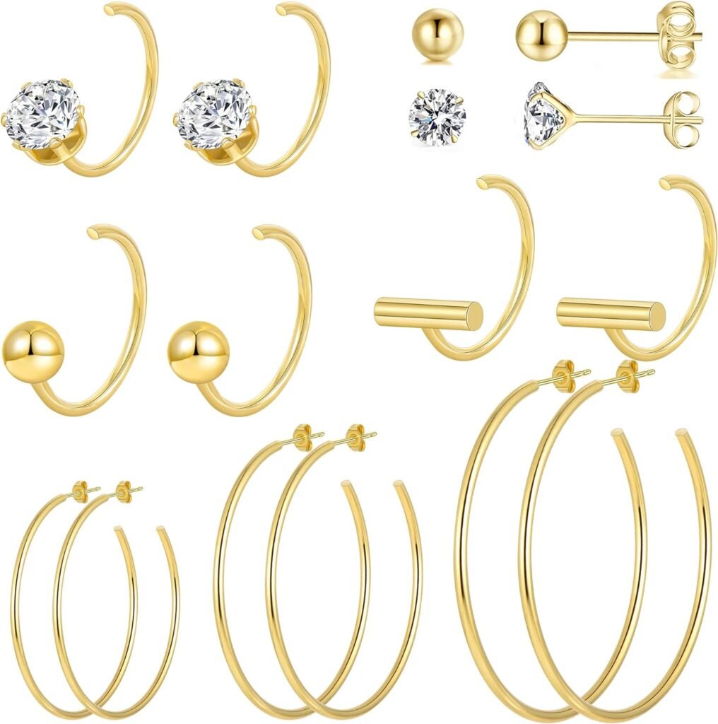 8/10 Pairs Stainless Steel Gold Hoops Silver Hoop Earrings Hypoallergenic Half Hoop Cartilage Piercing Earrings Tiny Ball Cubic Zirconia Stud Earrings Set for Women Girls