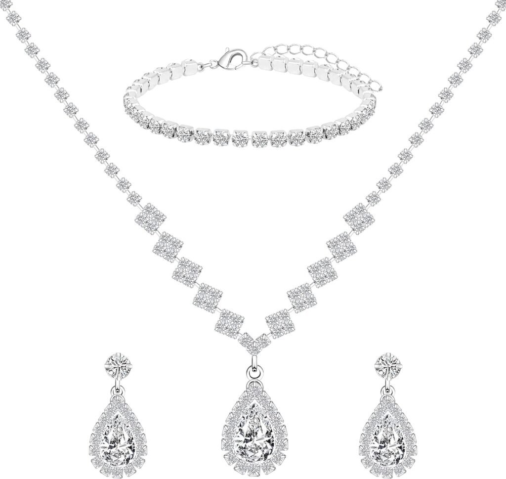 Bridal Silver Jewelry Set for Wedding, Hypoallergenic Crystal CZ Tennis Bracelet Dangle Earrings Necklace Set, Rhinestone Teardrop Wedding Jewelry for Bridal Bridesmaid Prom Party Costume