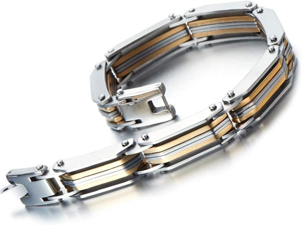 COOLSTEELANDBEYOND Exquisite Stainless Steel Link Bracelet for Man 8.6 Inches Silver Gold Two Tone Masculine Style