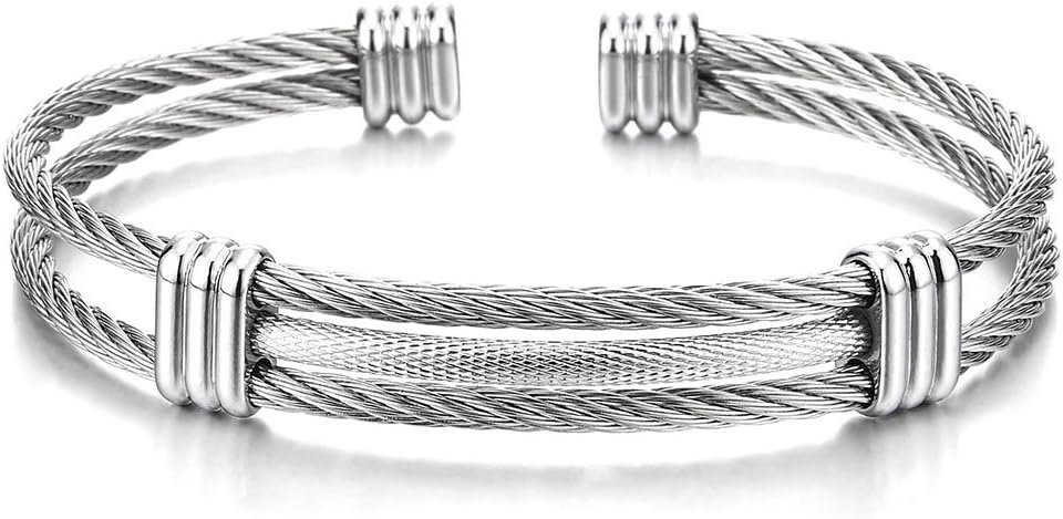 COOLSTEELANDBEYOND Men Women Stainless Steel Twisted Cable Adjustable Cuff Bangle Bracelet