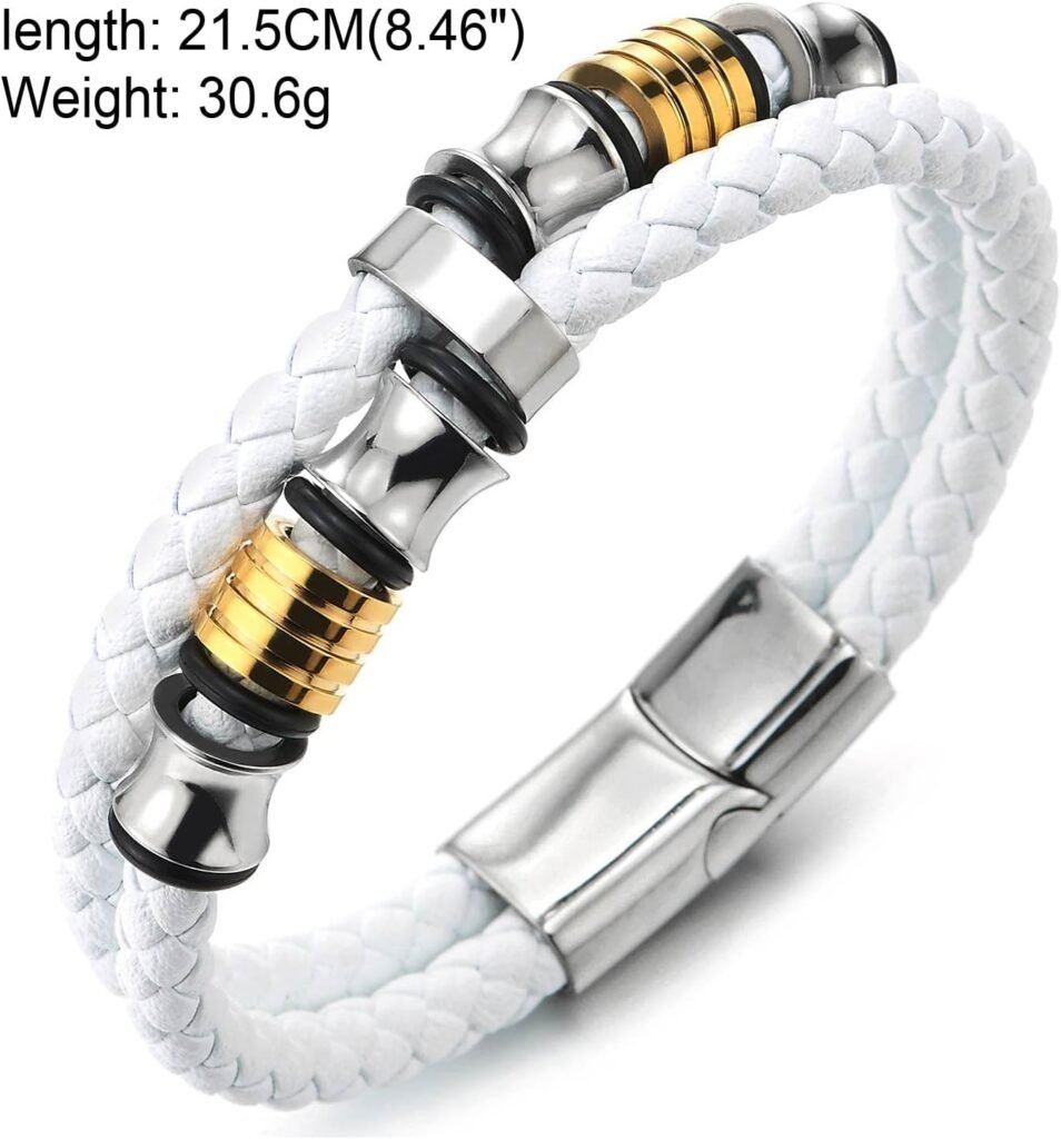 COOLSTEELANDBEYOND Mens Double-Row Braided Leather Bracelet Bangle Wristband with Stainless Steel Ornaments