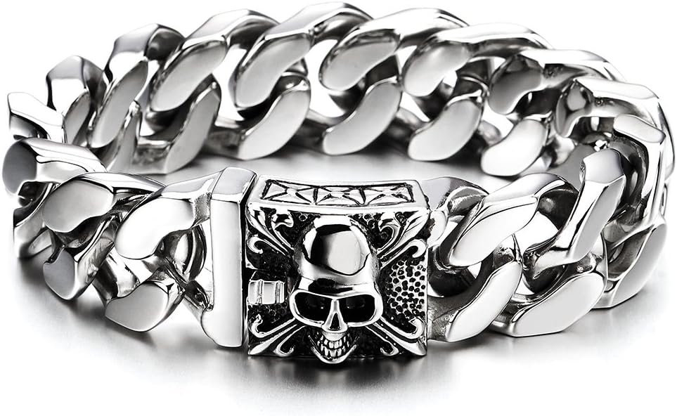 COOLSTEELANDBEYOND Mens Large Vintage Brushed Finishing Steel Curb Chain Bracelet with Fleur De Lis and Skull