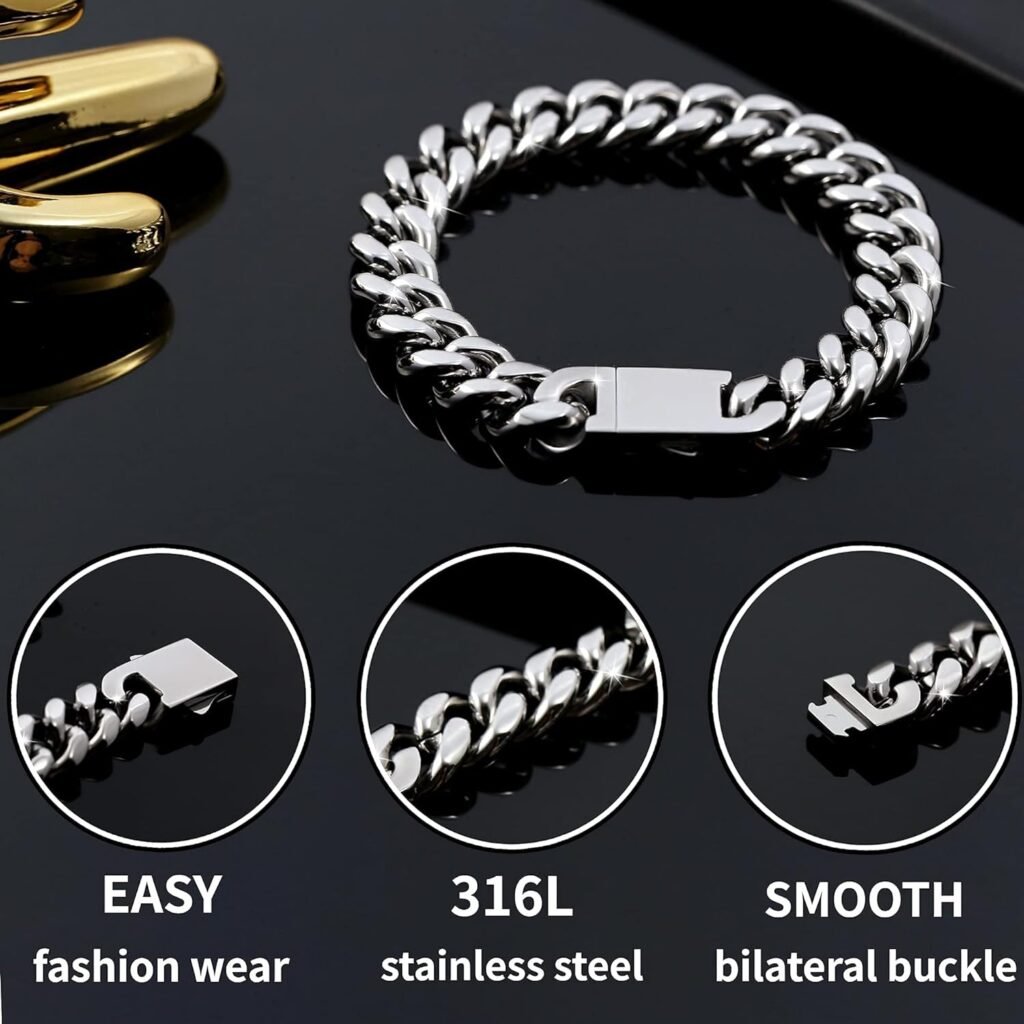 FAMARINE Stainless Steel Cuban Link Chain Bracelets for Men 8/9 Inches, Square Box Buckle Miami Silver Cuban Link Chain Bracelet