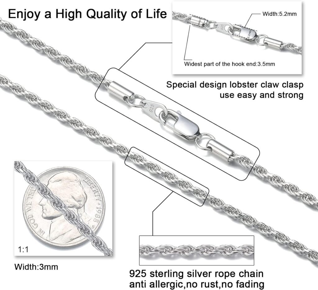 FEEL STYLE Men Necklace Stainless Steel Chain 925 Silver Rope Chains 3-5mm Twist Rope Box Necklace 14-30 Inch Necklaces for Mens Women Boy Teen Jewelry Gift