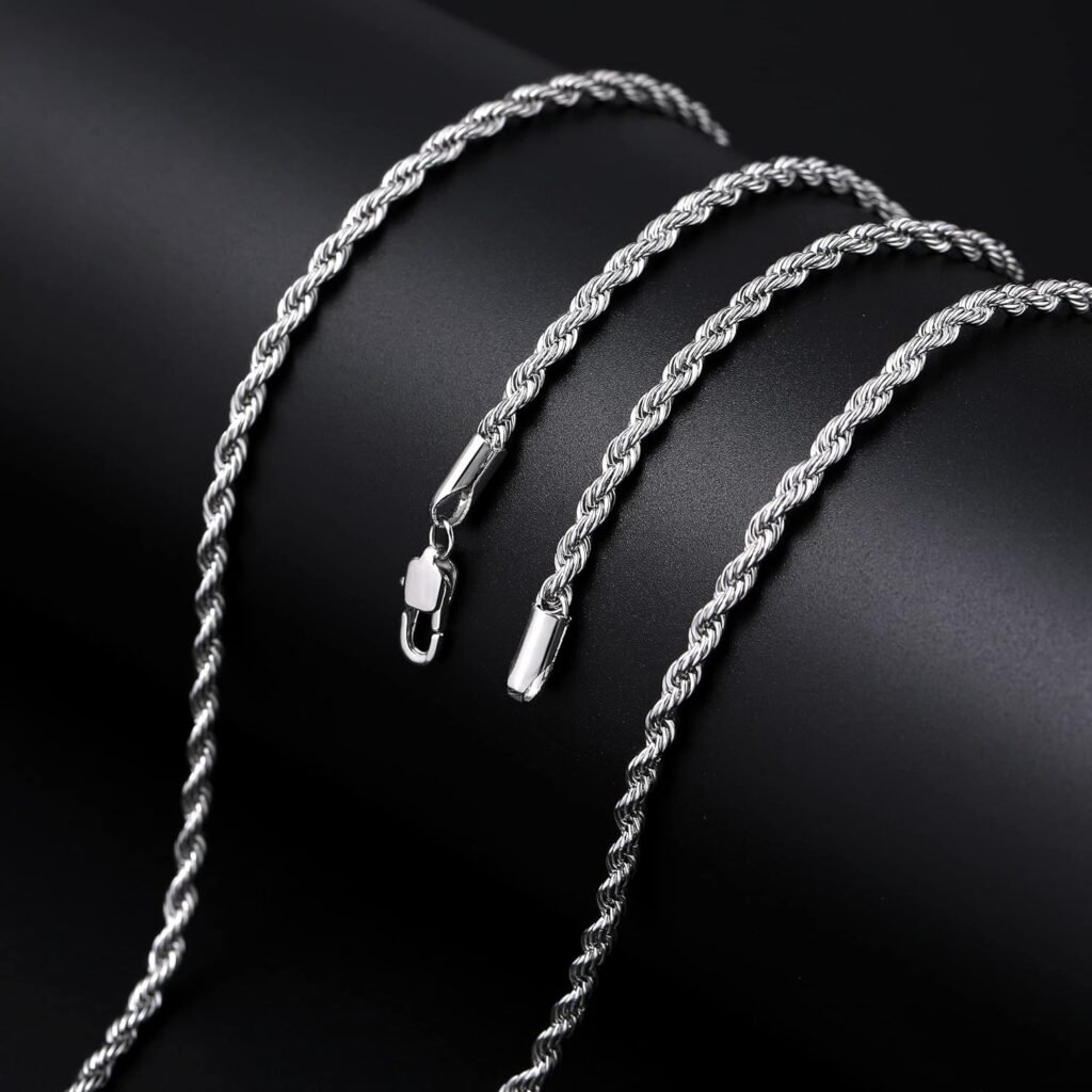 Fiusem 3mm Rope Chain Necklace for Men, Silver Tone Mens Chain Necklace, Stainless Steel Necklace Chain for Men Women and Boys