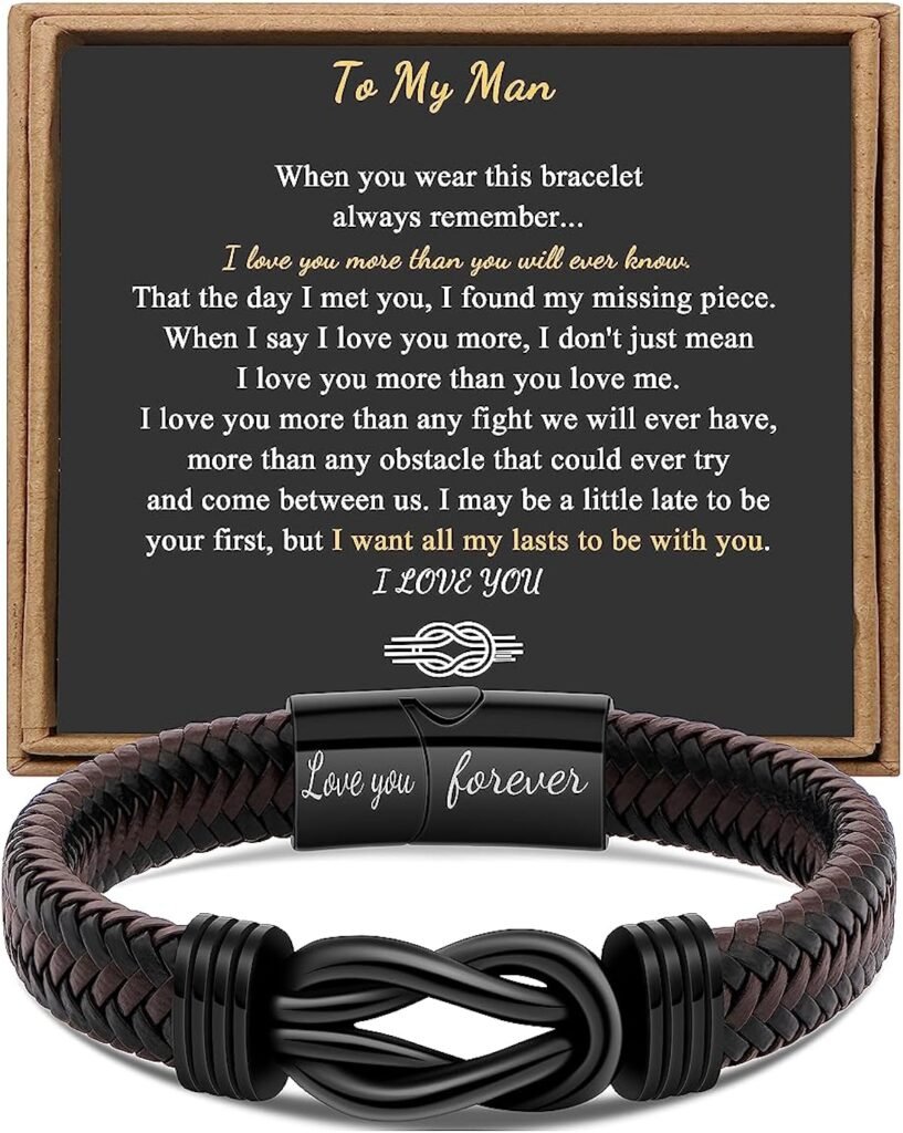 Gift for Men Infinity Bracelet for Men Dad Husband Boyfriend Son Grandson Brother Nephew Uncle Brown Braided Leather Forever Linked Together Stainless Steel Engraved with Love You Forever Jewelry 7.5|8.5|9 Inches