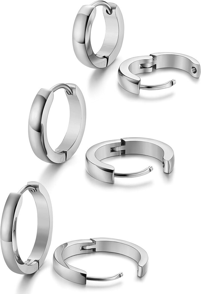 Jstyle 3Pairs Stainless Steel Mens Womens Hoop Earrings Huggie Ear Piercings Hypoallergenic 12/16/20mm