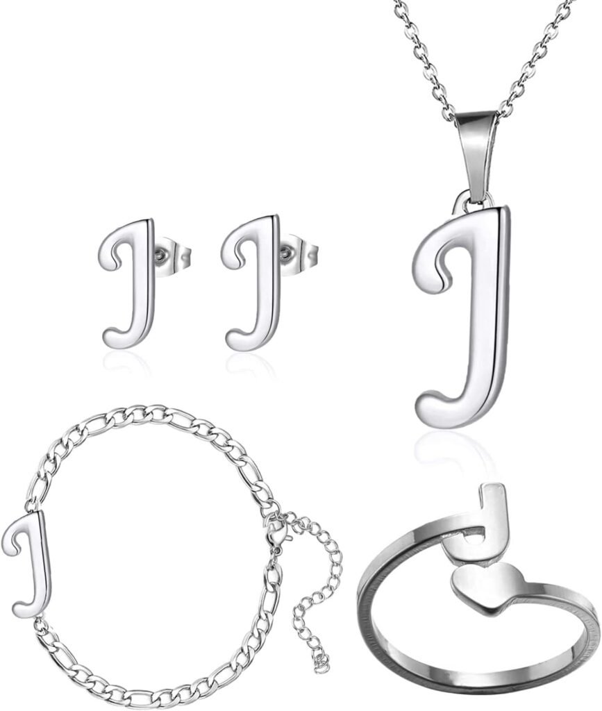 Loqimu 4 Pack Stainless Steel Initial Jewelry Sets for Women Silver Rings Bracelet Earrings Pendant Necklace Uppercase Choker Chain Ear Studs Jewelry Gift for Teen Girls