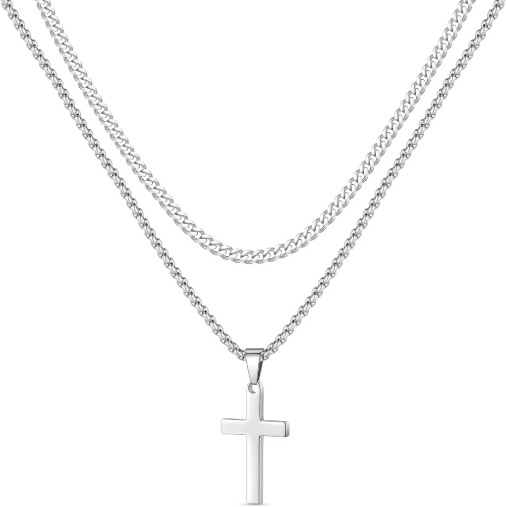 LUXEJEW Stainless Steel Cross Necklaces for Men Cuban Link Chain Box Chain Black Silver Gold Layered Cross Pendant Necklace for Men Boys Women 16-26 Inches LUXEJEW Stainless Steel Cross Necklaces for Men Cuban Link Chain Box Chain Black Silver Gold Layered Cross Pendant Necklace for Men Boys Women 16-26 Inches