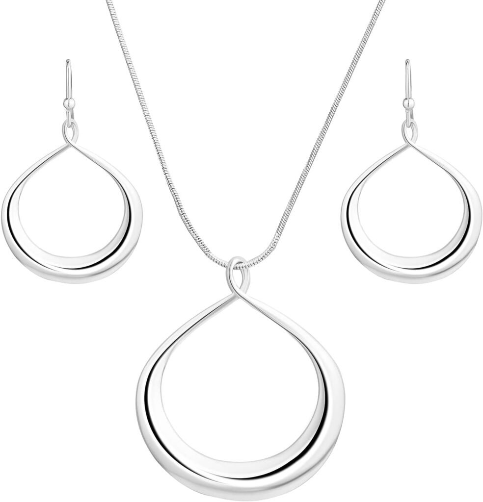 Madison Tyler Classic Jewelry Collection | Silver Teardrop Necklace with 18 Inch Snake Chain and Earring Set