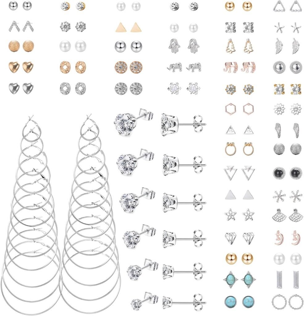 YADOCA 68 Pairs Stainless Steel Stud Earrings Set for Men Women Assorted Cute Vintage Triangle Faux Pearl Elephant Heart Turquoise Bead Clear Cubic Zirconia Stud Earrings Hoop Earrings Set