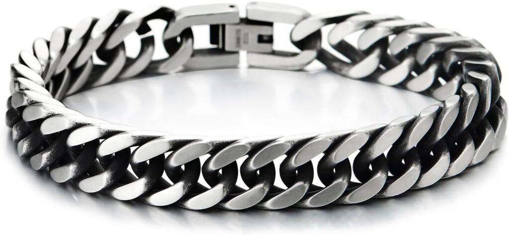 COOLSTEELANDBEYOND Mens Stainless Steel Two-tone Curb Chain Bangle Bracelet, Satin Finish