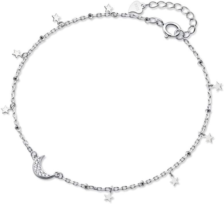 Dainty Star Crescent Moon Anklet Sterling Silver 925 Dangling Charm CZ Crystal Adjustable Foot Ankle Bracelet Sandbeach Party Foot Chain Summer Jewelry Gifts for Women Girls BFF