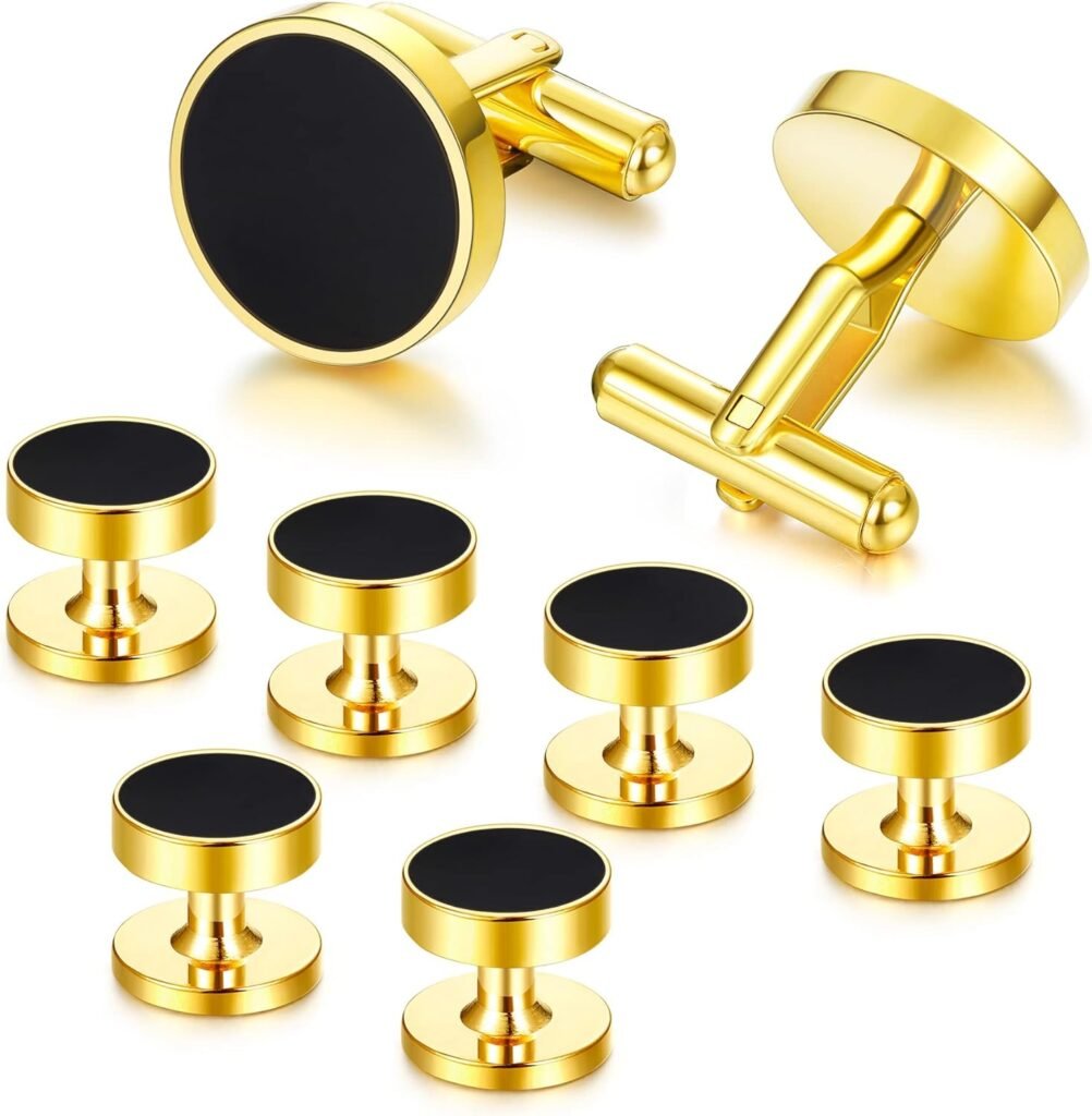 Diamday Cufflinks and Tuxedo Studs for Clothing for Men Stainless Steel Gold Cufflinks for Shirts and Ties Shirt Accessories Classic Tuxedo Buttons and Cufflinks for Father’s Day Silver  Gold Tones