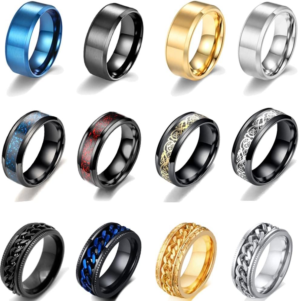 12Pcs 8mm Stainless Steel Fidget Band Chain Spinner Rings for Men Women Dragon Pattern Polished Wedding Cool Release Anxiety Ring Set Size 7-11