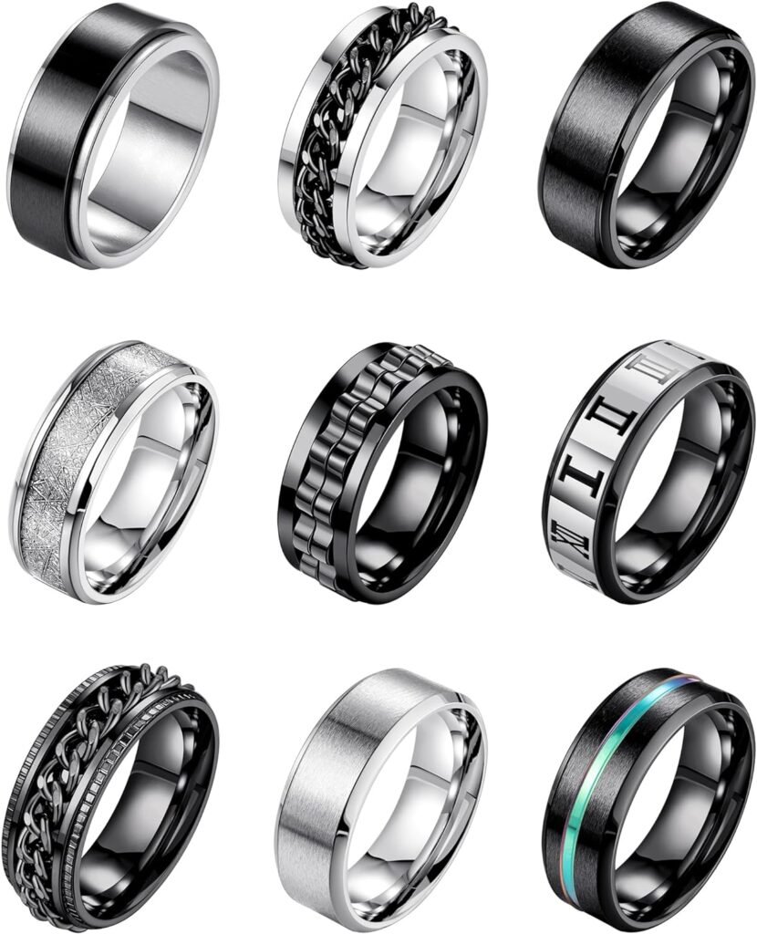 9Pcs Rings for Men Stainless Steel Band Rings for Men Women Wedding Promise Rings Anxiety Spinner Rings Set 8MM