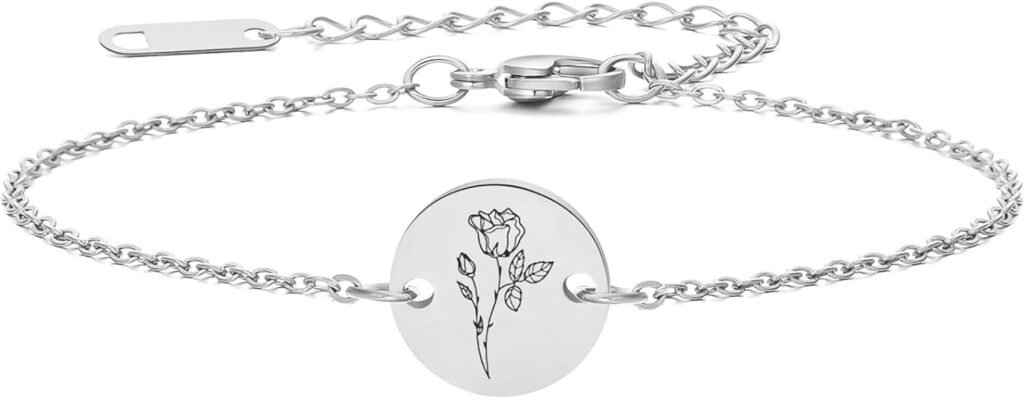 Birth Flower Bracelet 18k Gold Engraved Custom Floral Pendant Bracelets Dainty Stainless Steel Birth Month Chain Disc Charm Hand Stamped Flower Disk Bracelets Personalized Jewelry Birthday Gift for Her