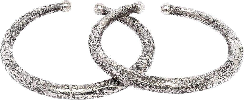 Handcrafted Oxidised German Silver Anklets Pair- Traditional Indian Jewelry Floral Carvings, Slip-On Style, Free Size (Set of 2) Handcrafted Oxidised German Silver Anklets Pair- Traditional Indian Jewelry Floral Carvings, Slip-On Style, Free Size (Set of 2)