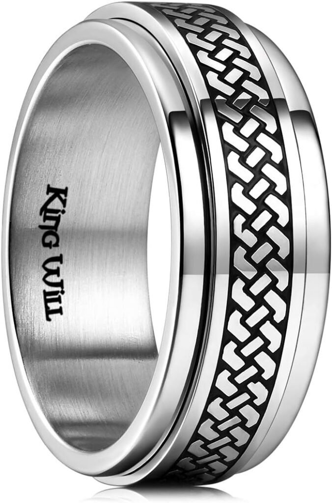 King Will Stainless Steel Anxiety Ring for Women Men Fidget Spinner Ring For Women Sand Blasted Finished Rose Gold/Rainbow/Gold Plated 8mm Width