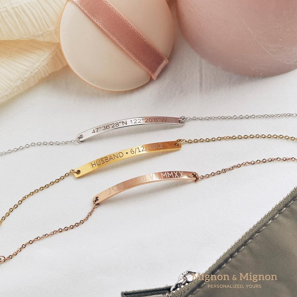 MignonandMignon Gold Name Bar Engraved Bracelet Personalized Mothers Day Gift for Women Handmade Friendship Anniversary Bridesmaid Wedding Jewelry Birthday Graduation -12BR