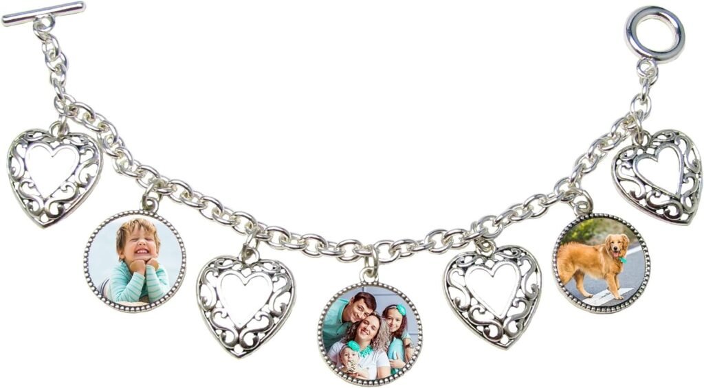 Portrait Photo Silver Heart 3 Photo Charm bracelet Personalized Upload Your Photos