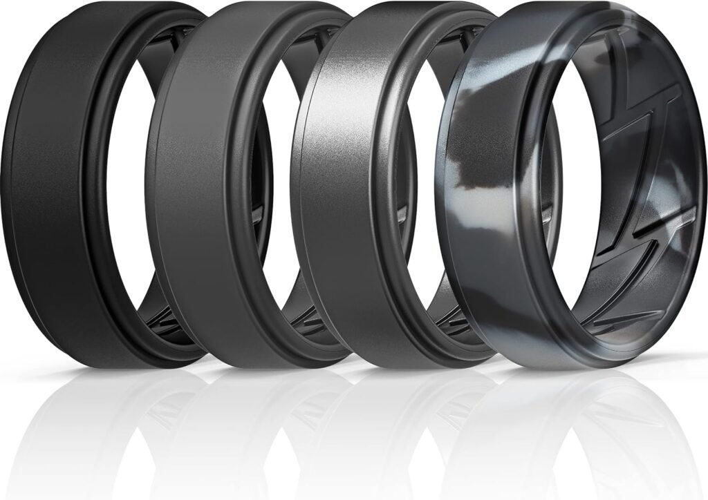 ThunderFit Silicone Wedding Rings for Men Breathable Airflow Inner Grooves - Step Edge Sleek Design Breathable Rubber Engagement Bands - 8mm wide - 2mm Thick