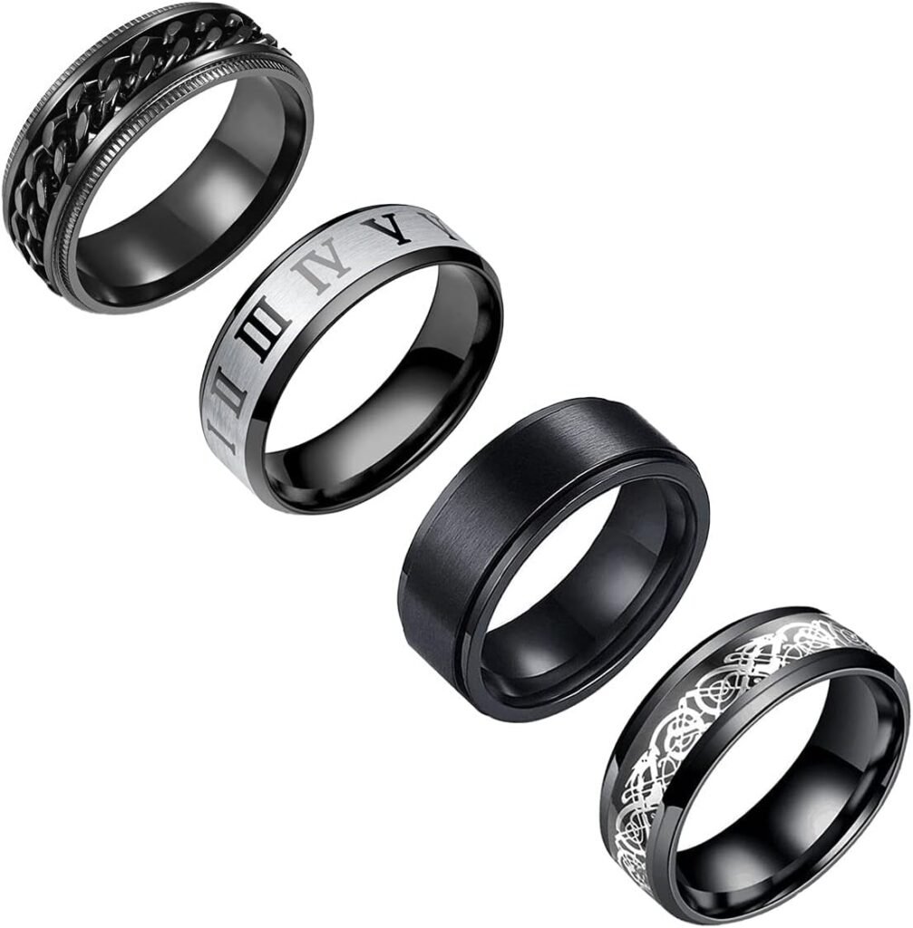 yfstyle 4PCS Plain Band Rings for Men Stainless Steel Rings for Men Wedding Ring Cool Spinner Rings for Men Black Stainless Steel Ring Set Anxiety Ring Fidget Size 6-12