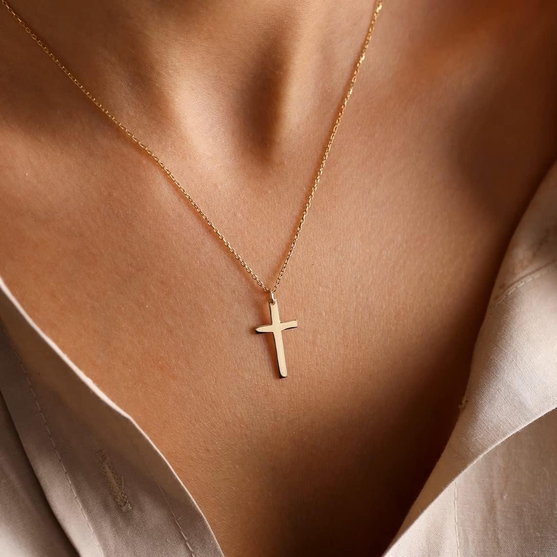 18K Gold Plated Sideways Cross Necklace for Women Stainless Steel Dainty Tiny Cross Pendant Necklace Minimalist Simple Jewelry Gifts for Girls