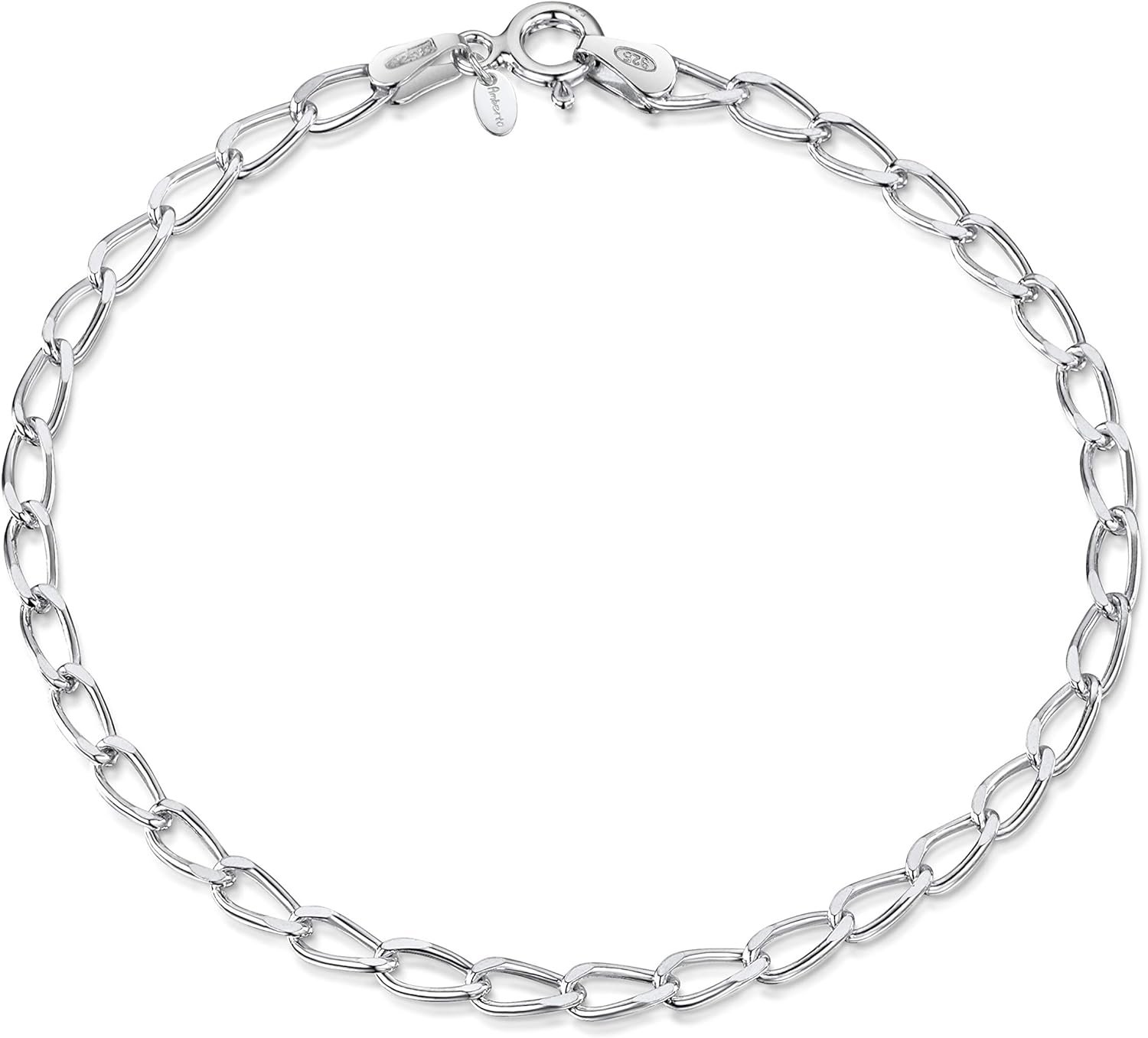 Amberta Womens 925 Sterling Silver Link Chain Bracelet for Charms (Adjustable)