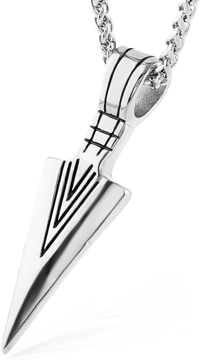 HZMAN Mens Arrowhead Arrow Stainless Steel Pendant Necklace with Steel Wheat Chain