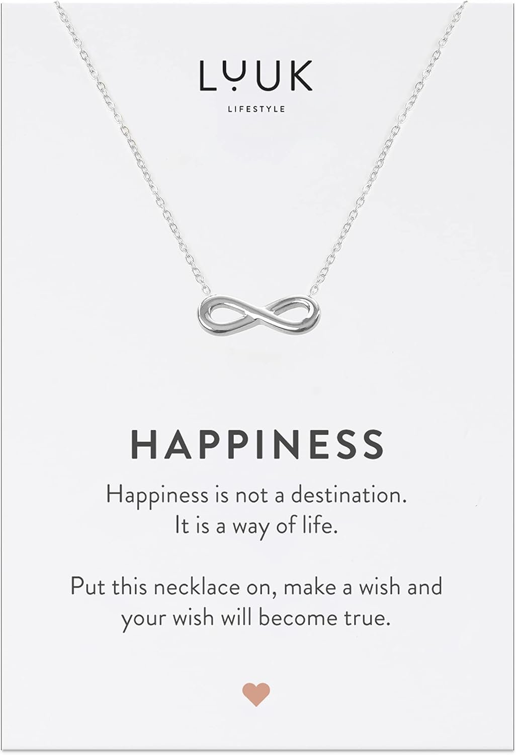 LUUK LIFESTYLE Stainless steel necklaces for women with pendant, trendy jewelry card with Happiness saying, lucky charm, friendship gift, womens jewellery, trendy gift idea for her, silver, gold and rose