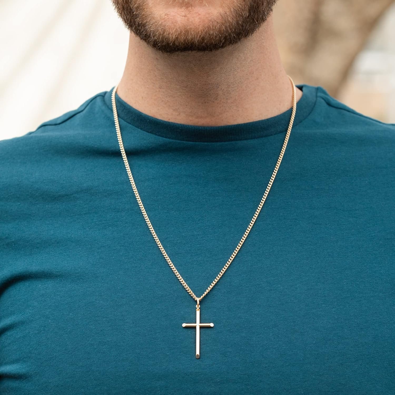 Mens Gold Filled Christian/Catholic Large Gold Tone Solid Tubular Cross Pendant Necklace, Masculine Gold-Filled Cross Shaped Pendant, 24 (Inch) Gold Plated Stainless Steel Curb Chain Necklace, Gold