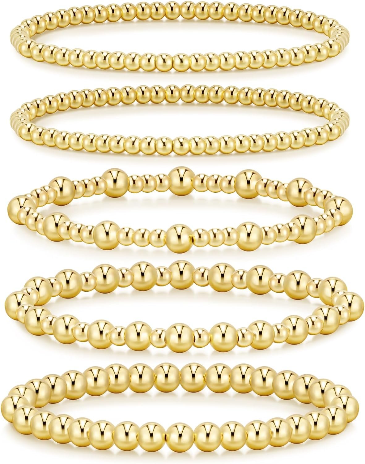 adoyi Gold Bracelets for Women, 14K Gold Plated Beaded Bracelets Gold Stretch Bead Ball Bracelet stack Set Adjustable Bracelet Set Jewelry for Gifts